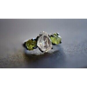 Raw Peridot Ring Quartz Engagement Ring Raw Diamond Ring Engagement Ring, Diamon